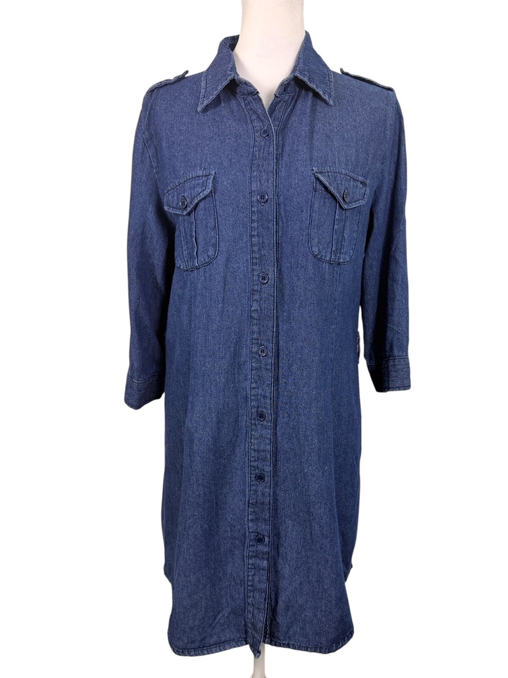 Derek Heart Denim Tunic Dress L 100% Cotton Button Front Roll Tab - Picture 2 of 10
